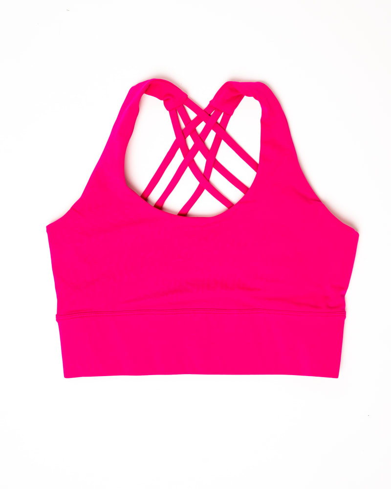 Front of a size XXL Crisscross Crop Sports Bra in Pretty in Pink by Gold Elite Apparel. | dia_product_style_image_id:284807